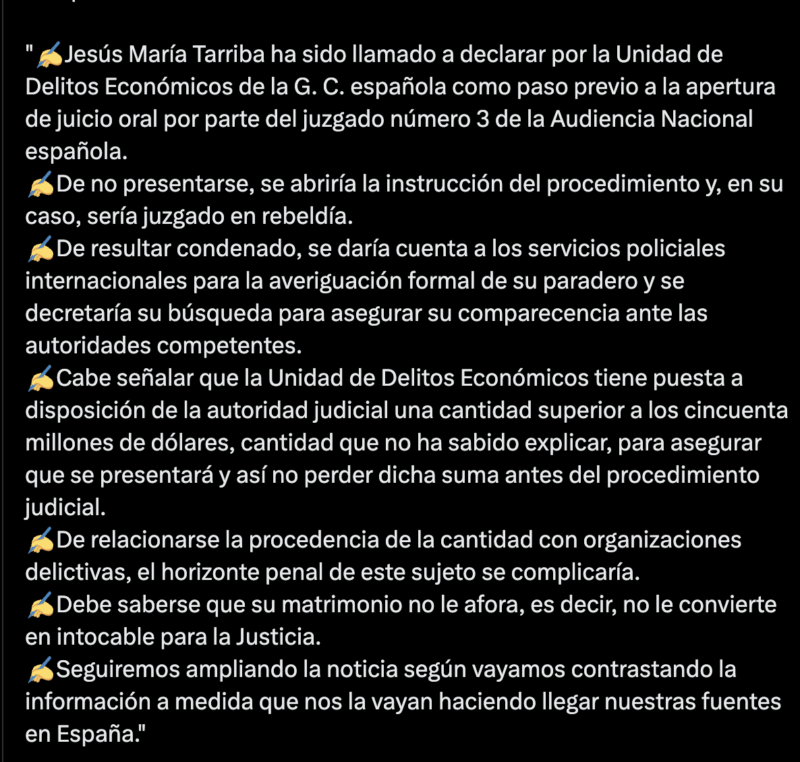 publicación en la que se acusa a Jesús Tarriba de delitos económicos 
